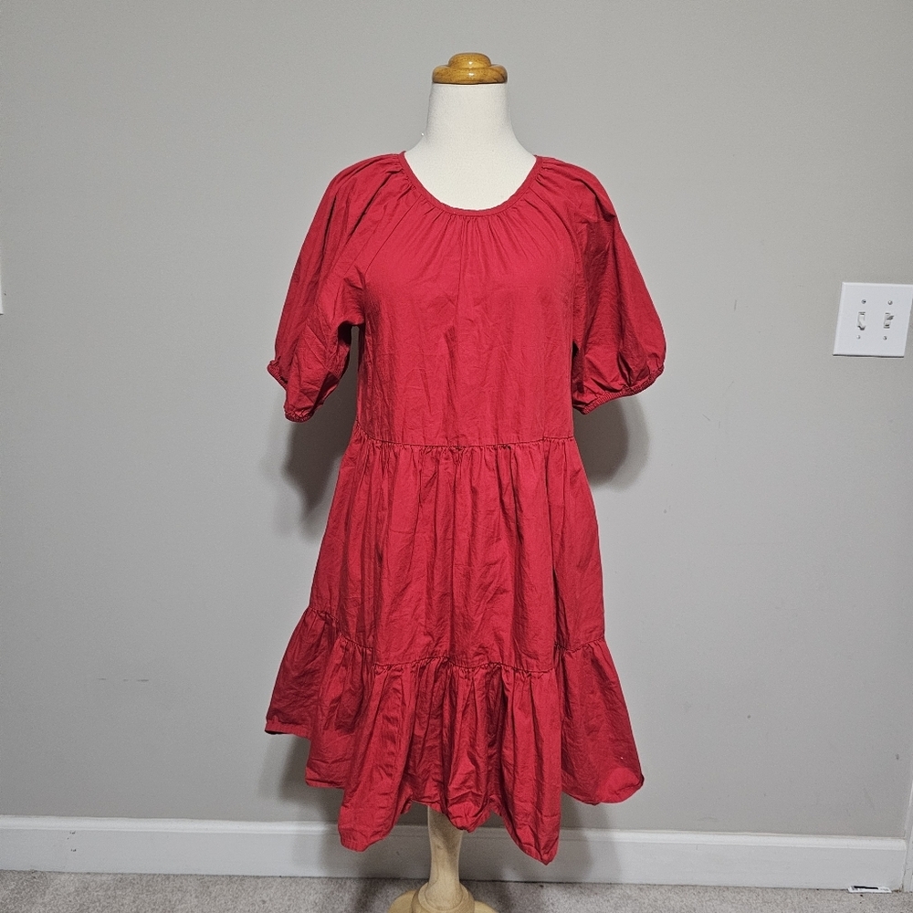 Sweet Magnolia Red Cotton Puff Sleeve Tiered Mini Dress Back Bow Detail S